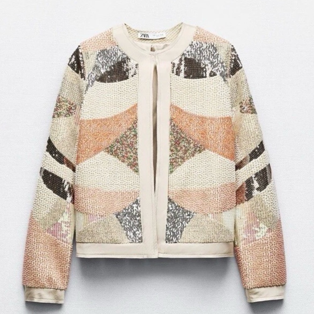 Zara Limited Edition Coral Orange Jacket with Faux Pearls, Beads and Sequins